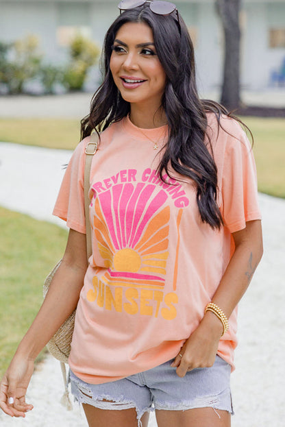 Pink FOREVER CHASING SUNSET Graphic Round Neck T Shirt