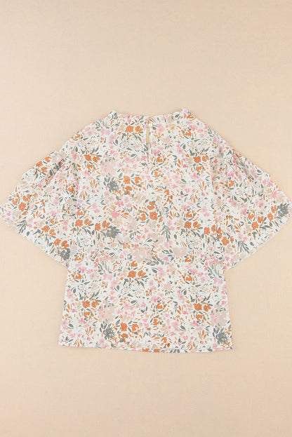 Multicolor Floral Print Wide Batwing Sleeves Blouse