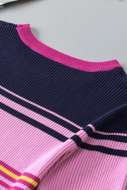 Pink Mixed Stripes Ribbed Knit Top