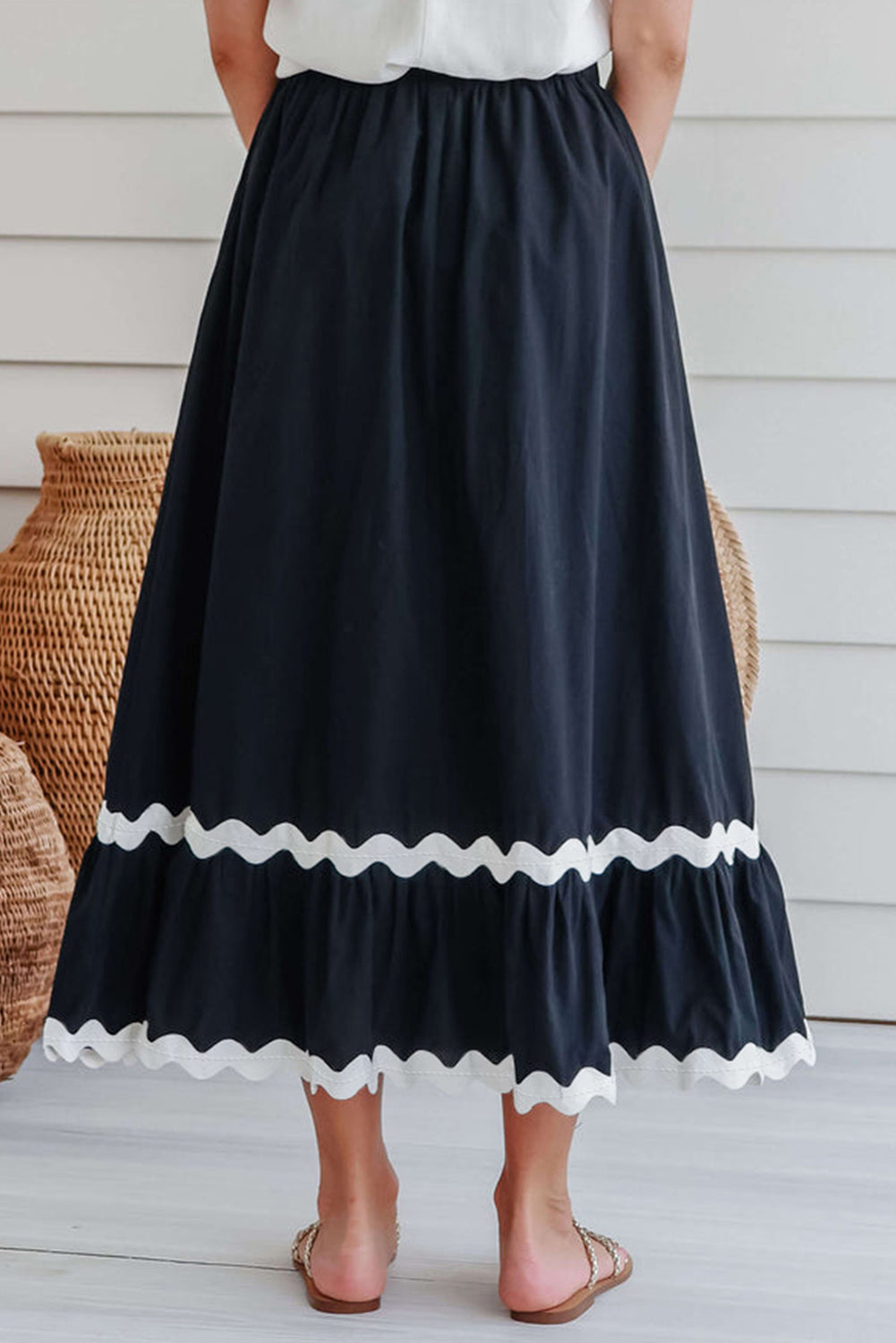 Black Ric Rac Trim High Waist Maxi Skirt