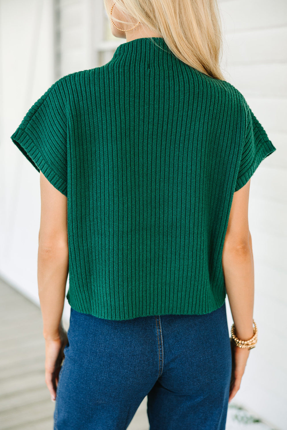 Blackish Green Patch Pocket Ribbed Knit Short Sleeve Sweater