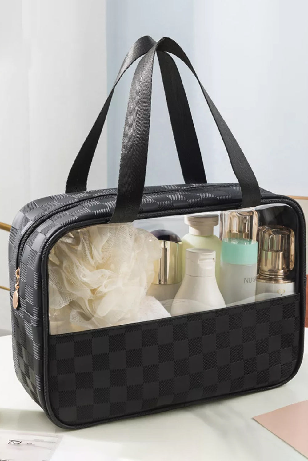 Black Checkered PVC Clear Cosmetic Bag