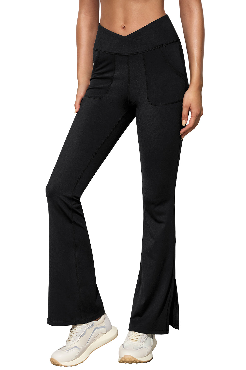 Black Cross Waist Pocketed Split Hem Flared Leggings