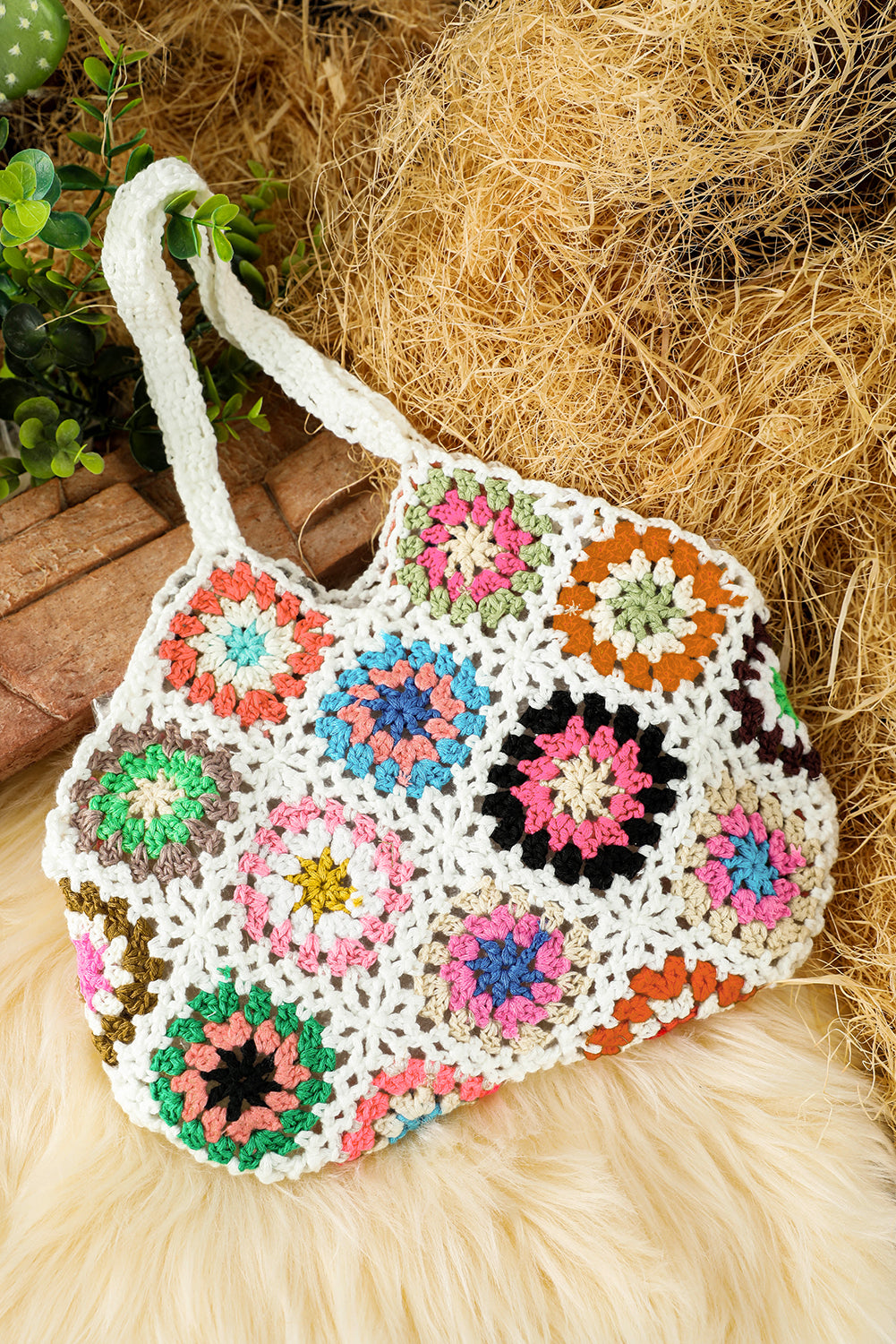 White Boho Floral Crochet Retro Hollowed Handbag