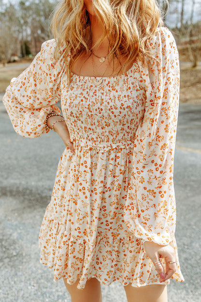 Apricot Boho Floral Smocked Puff Sleeve Mini Dress