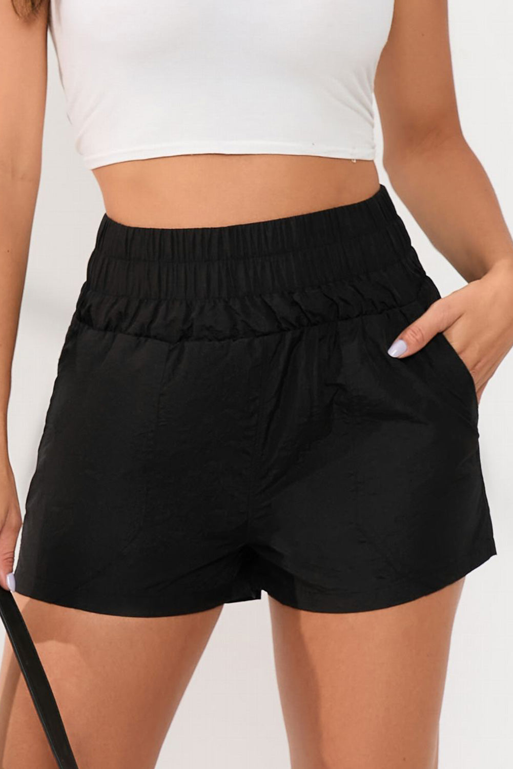 Black Elastic Side Pockets High Waist Shorts