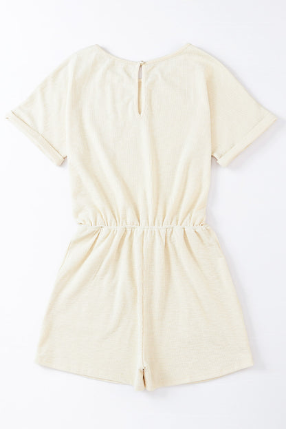 Beige Ribbed Elastic Waist Romper