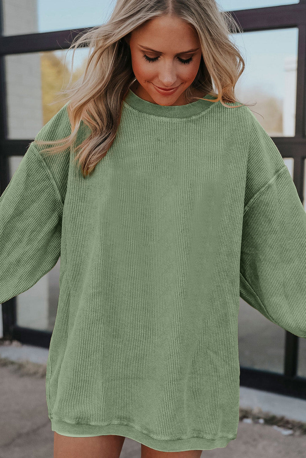 Green Ribbed Corded Oversized Sweatshirt