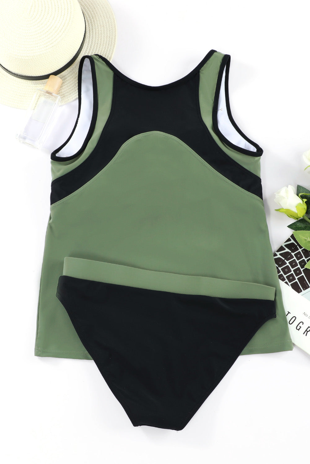 Green Patchwork Casual U Neck Tankini Swimsuit