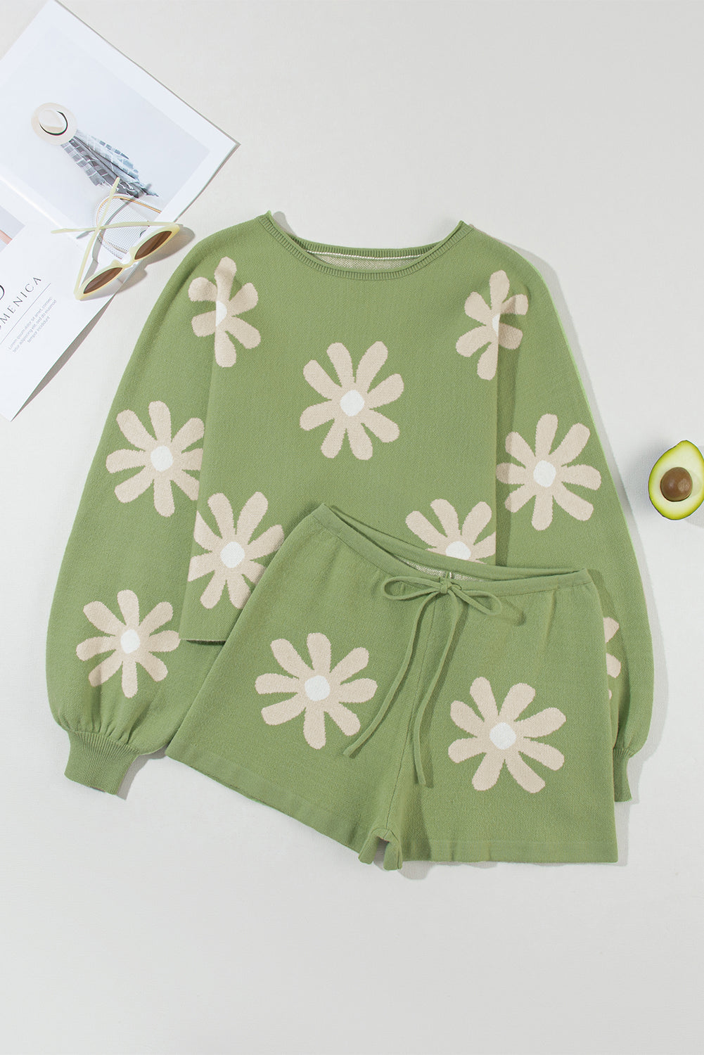 Green Flower Print Bubble Sleeve Knitted Sweater and Shorts Set