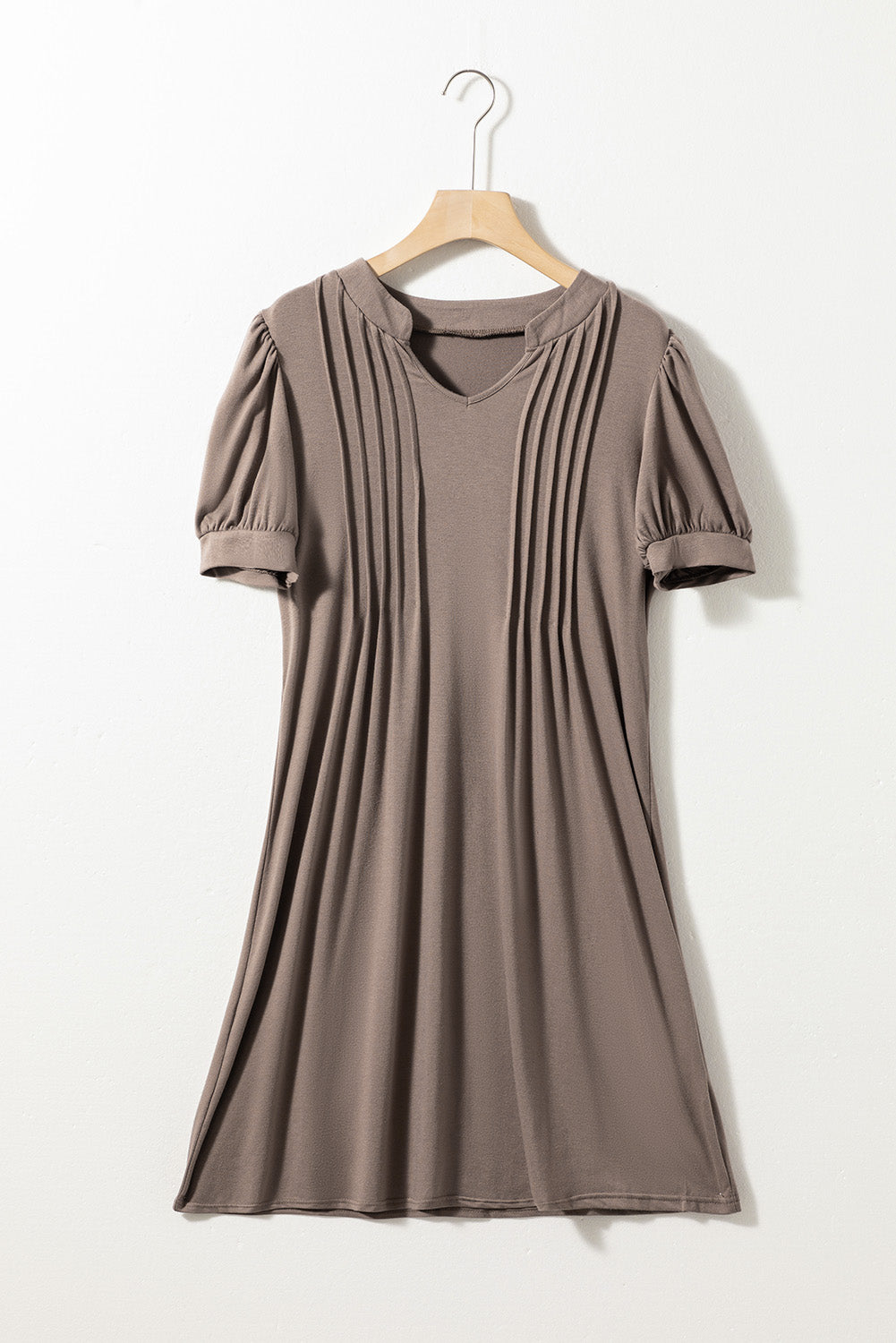 Desert Palm Notched Neck Pleated Puff Sleeve T Shirt Dress