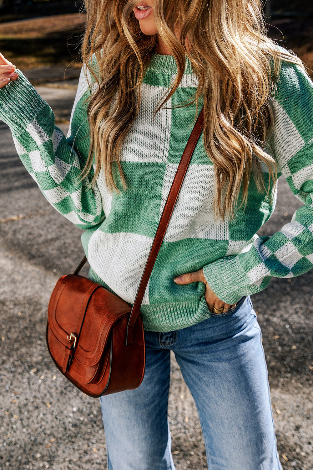 Mint Green Checkered Print Drop Shoulder Sweater