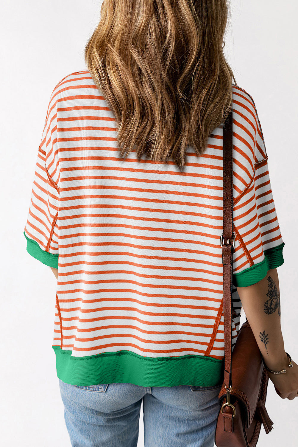 Pink Stripe Colorblock Drop Sleeve Loose Top