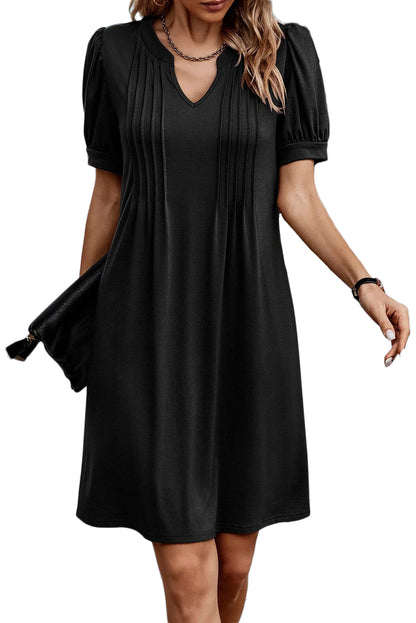 Desert Palm Notched Neck Pleated Puff Sleeve T Shirt Dress