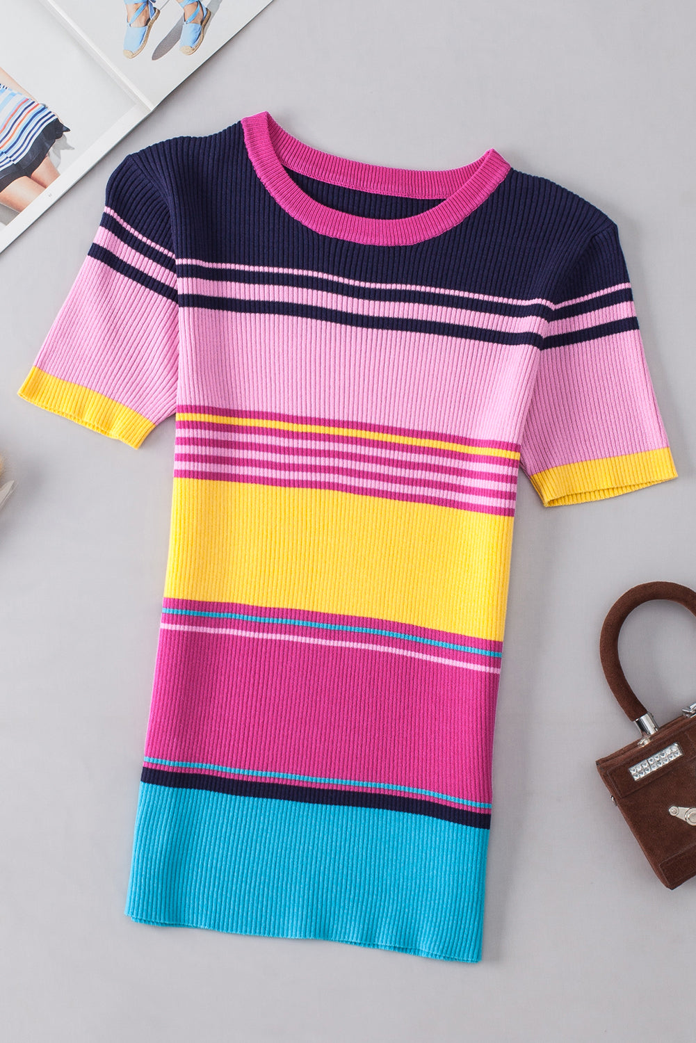 Pink Mixed Stripes Ribbed Knit Top