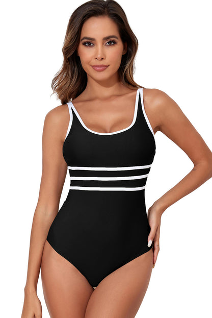 Black Contrast Trim U Neck Adjustable Strap One Piece Swimwear