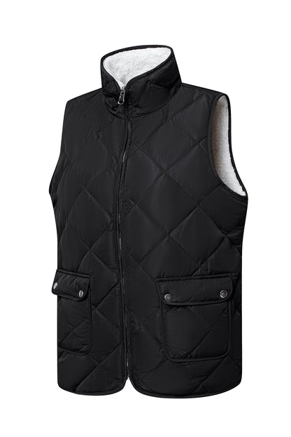 Black Fleece Lined Quilted Zip up Vest Coat