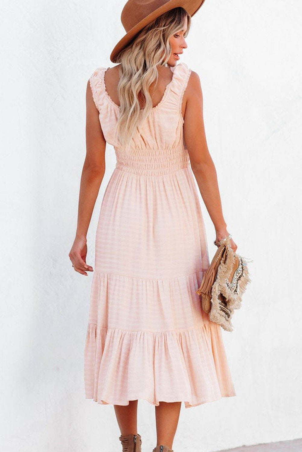 Apricot Smocked Ruched Sleeveless High Waist Midi Dress