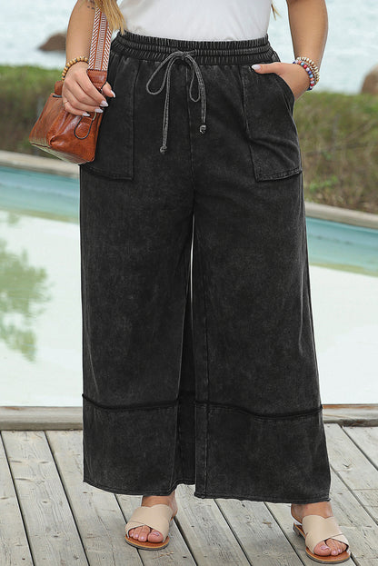 Black Plus Mineral Wash Exposed Seam Wide Leg Cropped Pants