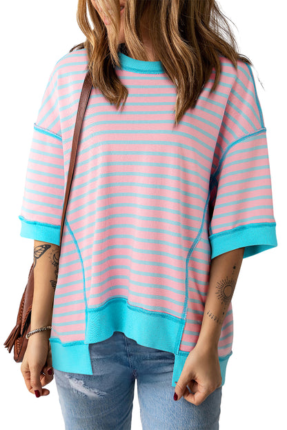 Pink Stripe Colorblock Drop Sleeve Loose Top