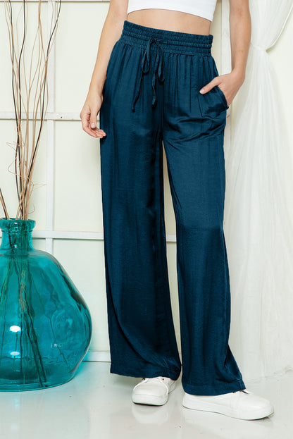 Blue Casual Drawstring Shirred Elastic Waist Wide Leg Pants