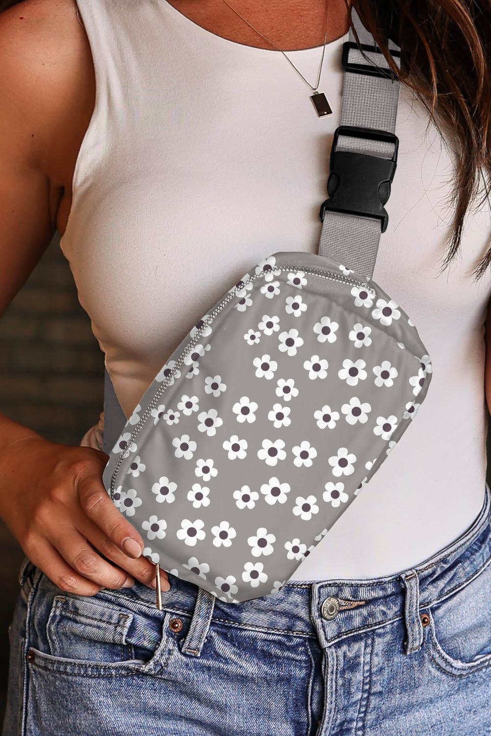 Gray 60s Vintage Flower Print Zip Up Crossbody Bag