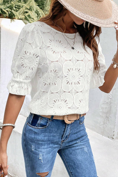 White Flower Eyelet Jacquard Keyhole Puff Sleeve Blouse