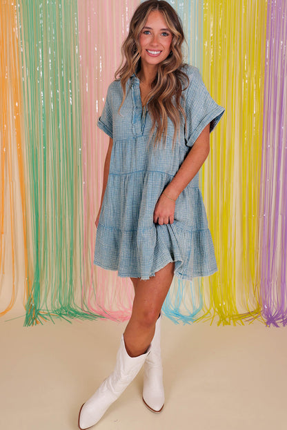 Beau Blue Mineral Wash Crinkle Split Neck Raw Hem Tiered Dress