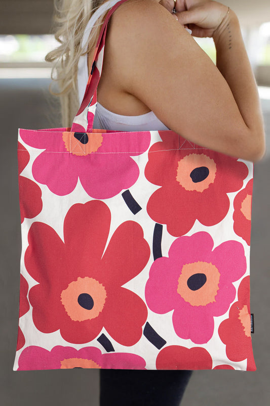 Red 60s Flower Print Portable Cotton Cloth Bag