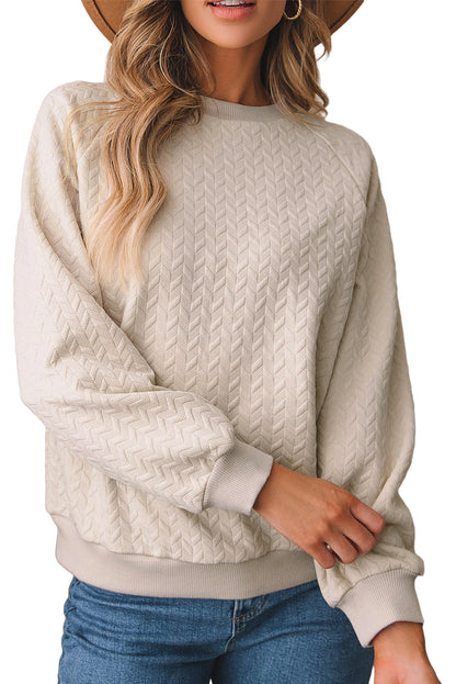 Beige Solid Textured Raglan Sleeve Pullover Sweatshirt