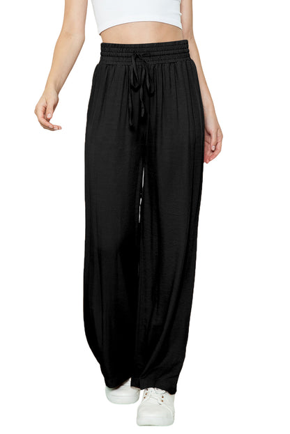 Blue Casual Drawstring Shirred Elastic Waist Wide Leg Pants