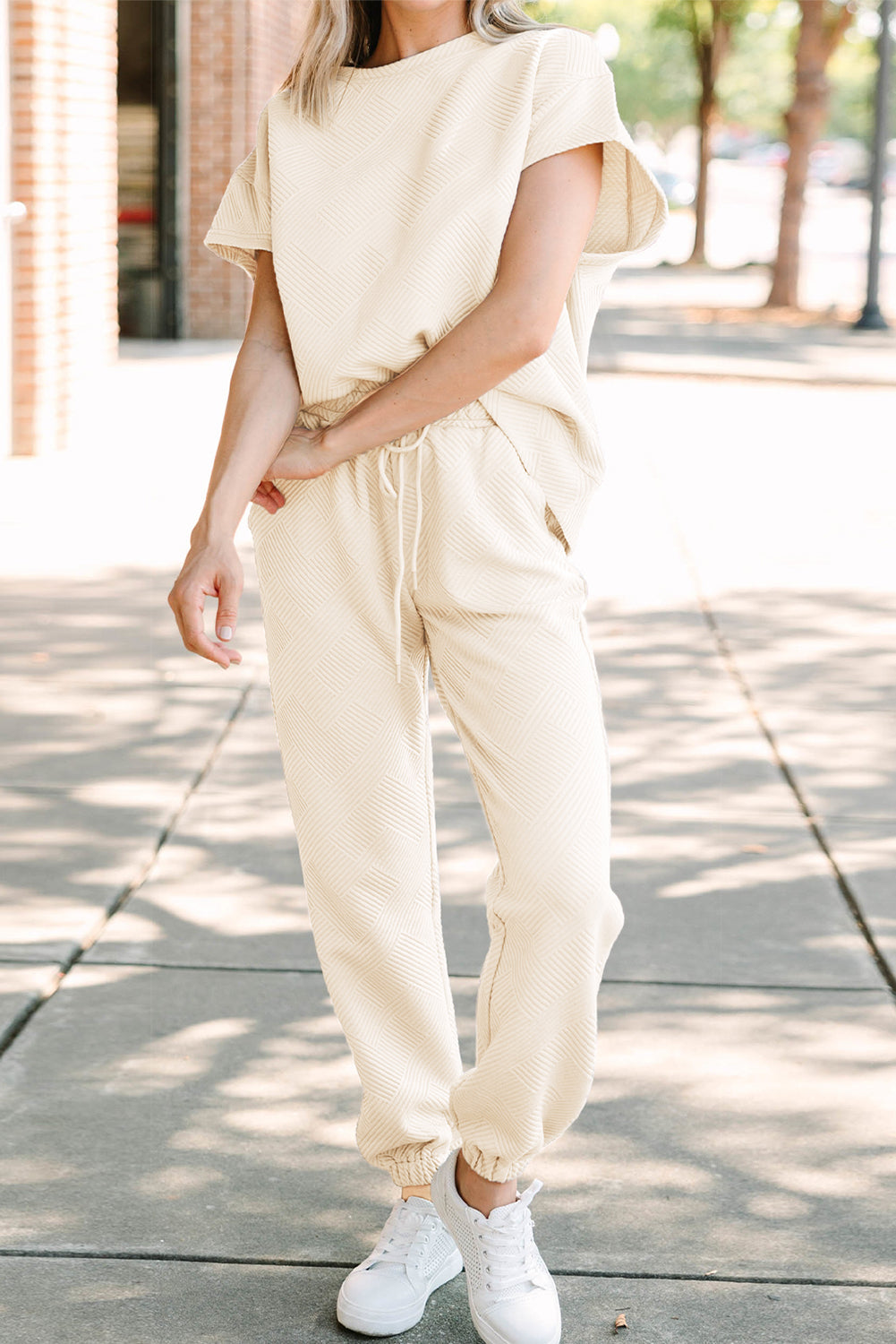 Beige Textured Drawstring Waist Straight Leg Joggers