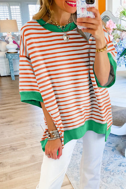 Pink Stripe Colorblock Drop Sleeve Loose Top