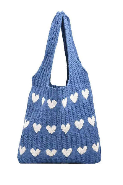 Blue Heart Pattern Knit Shoulder Bag