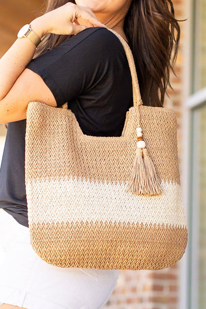 Chestnut Color Block Straw Woven Tassel Decor Tote Bag