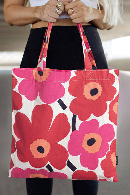 Red 60s Flower Print Portable Cotton Cloth Bag