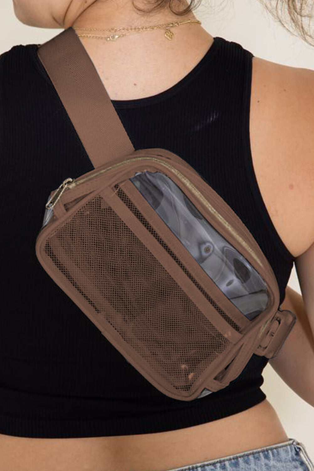 Brown Adjustable Straps Zipper Clear Waist Bag