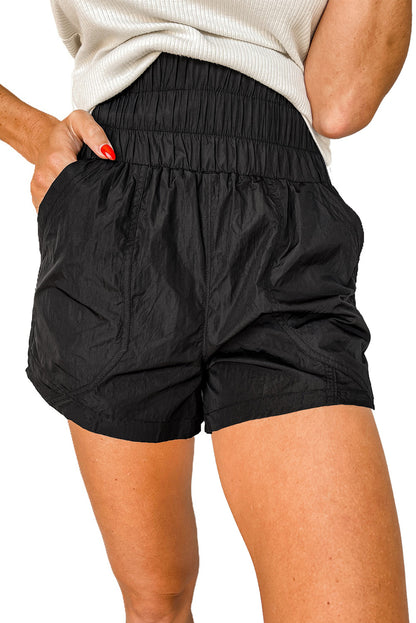 Black Elastic Side Pockets High Waist Shorts