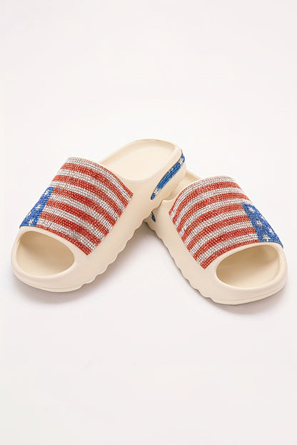 White Rhinestone American Flag Thick Sole Slippers