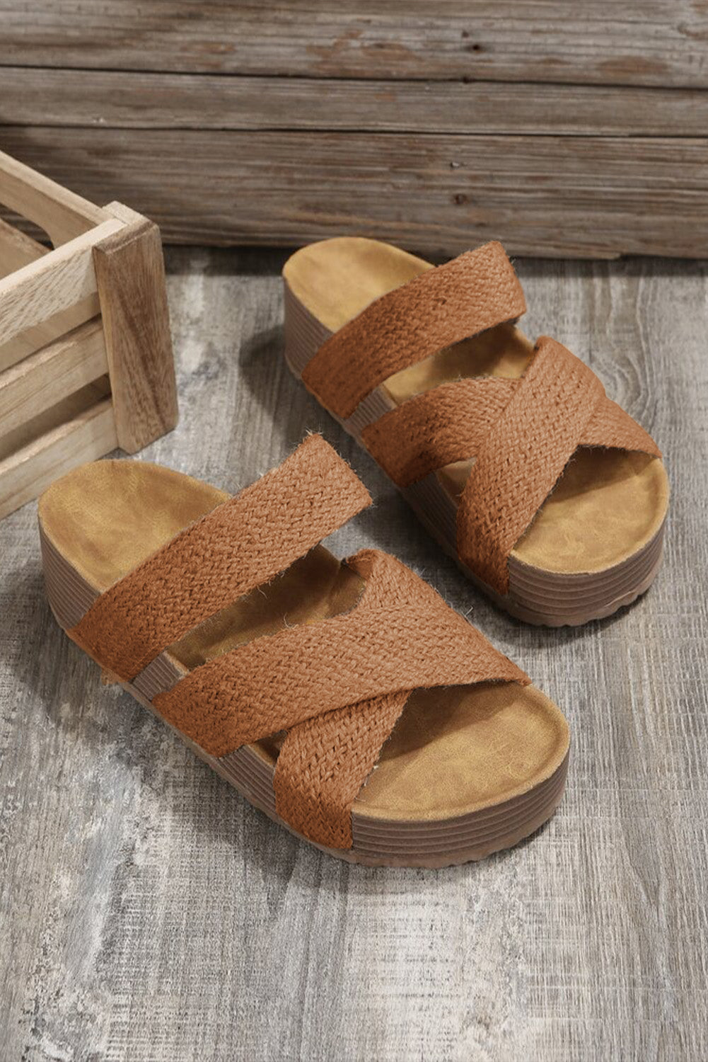 Brown Woven Criss Cross Strap Platform Slip On Sandals