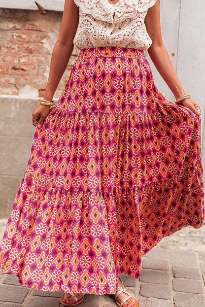 Rose Vintage Boho Floral Print Tiered Maxi Skirt