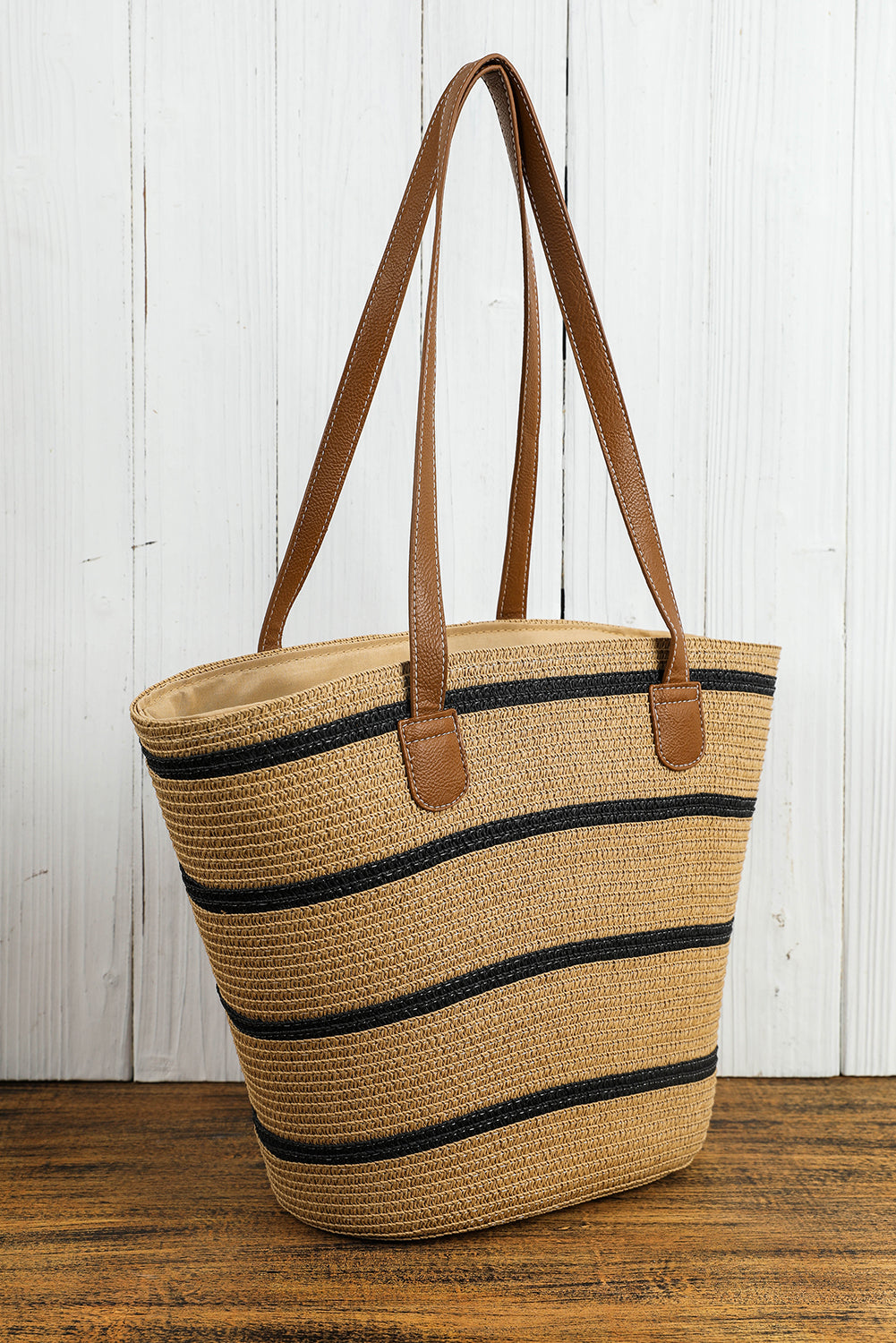 Black Vacation Straw Woven Striped One Shoulder Bag