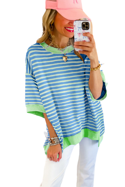 Pink Stripe Colorblock Drop Sleeve Loose Top