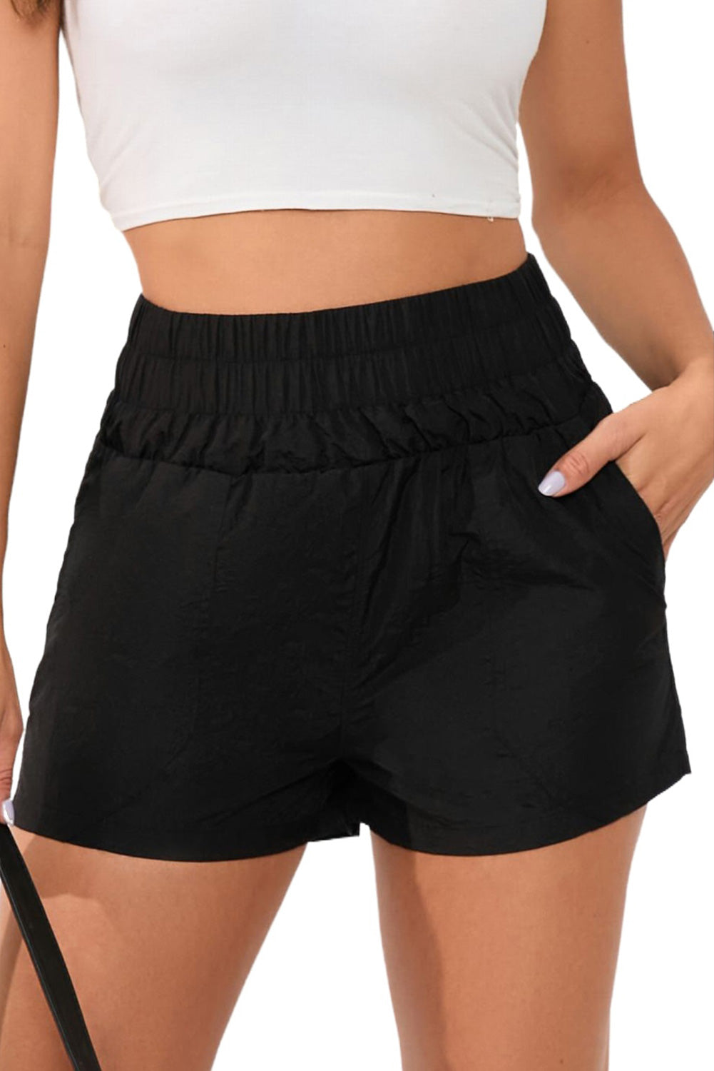 Black Elastic Side Pockets High Waist Shorts