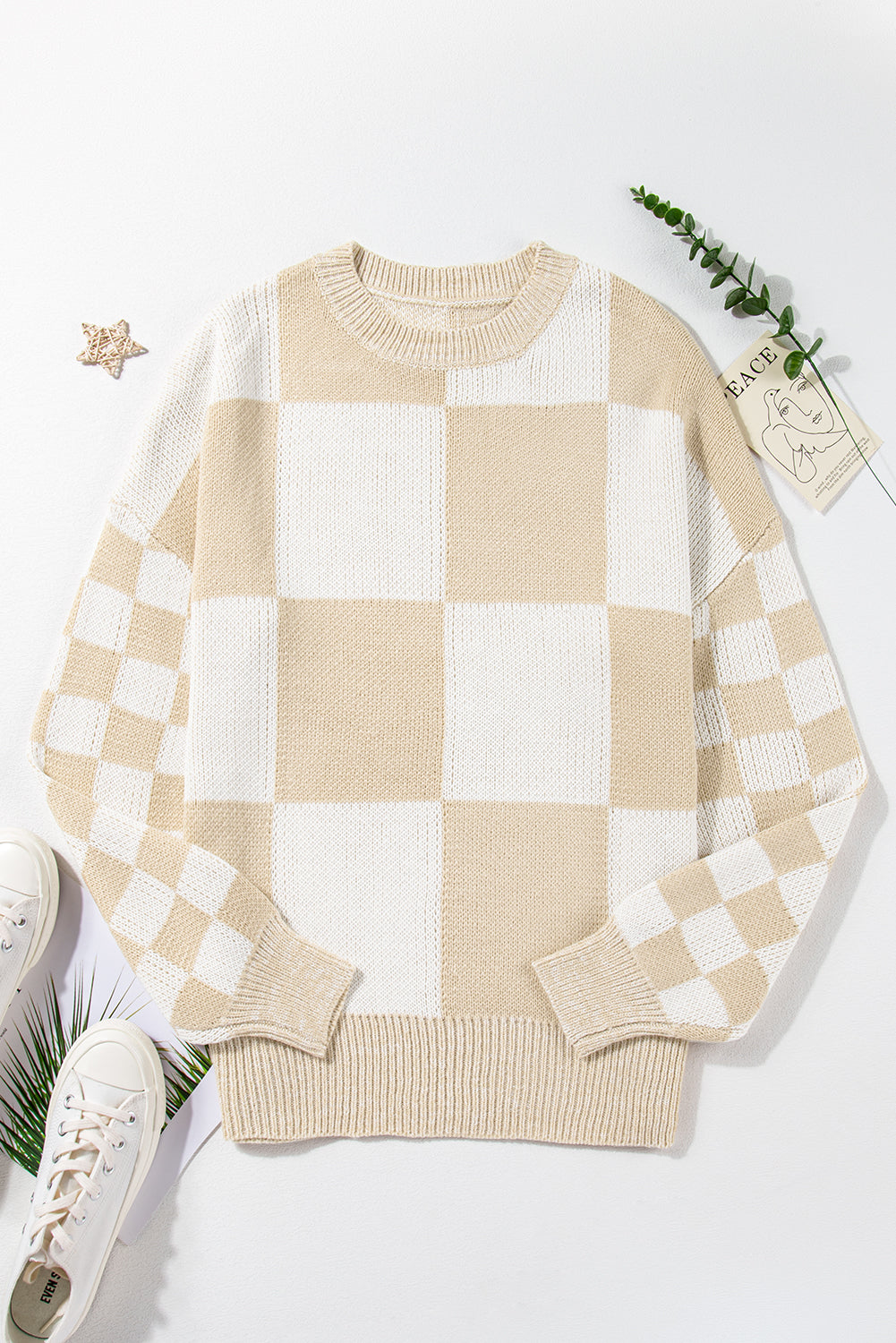 Flaxen Checkered Print Drop Shoulder Sweater