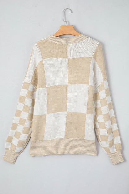 Flaxen Checkered Print Drop Shoulder Sweater