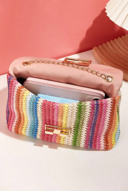 Strawberry Pink Striped Crochet Flapped Single Shoulder Bag