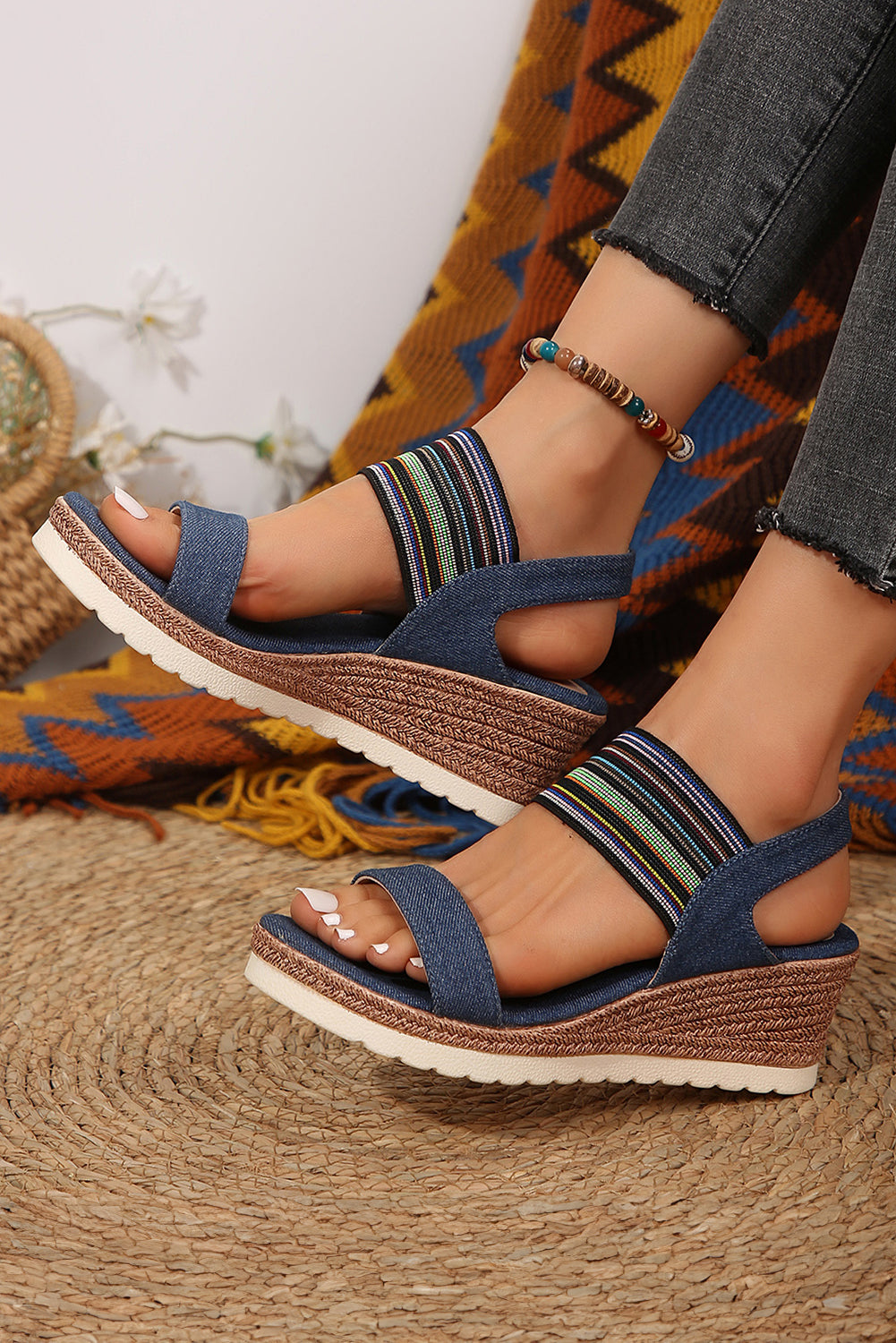 Dark Blue Elastic Striped Band Platform Wedge Sandals