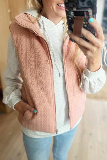 Pale Chestnut Cable Textured Zip Up Vest Jacket