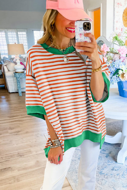 Pink Stripe Colorblock Drop Sleeve Loose Top